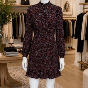 Whistles‎ Womens Mini Dress Black Floral Mock Neck Keyhole Long Sleeve 2